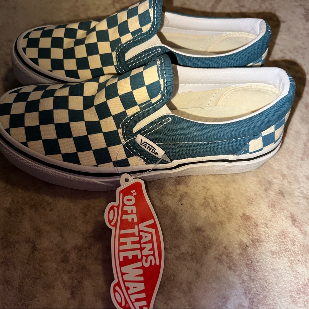 Vans Kids Blue and White Checkered Slip-On Sneakers
